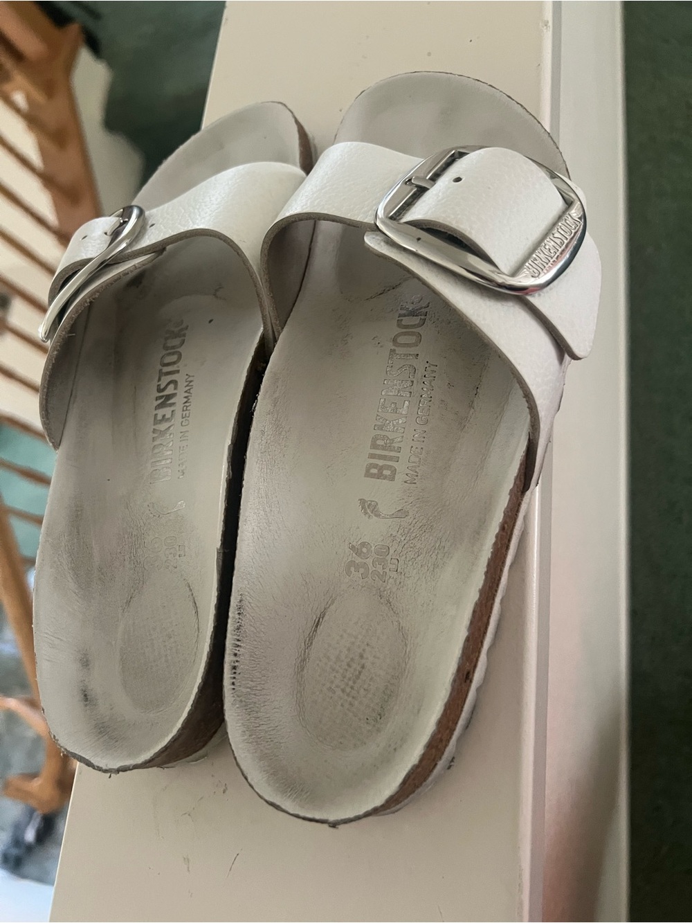 Birkenstock White Arizona Two-Strap Sandals with Silver Buckles